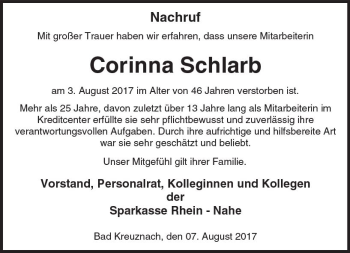 Traueranzeige von Corinna Schlarb von Trauerportal Rhein Main Presse