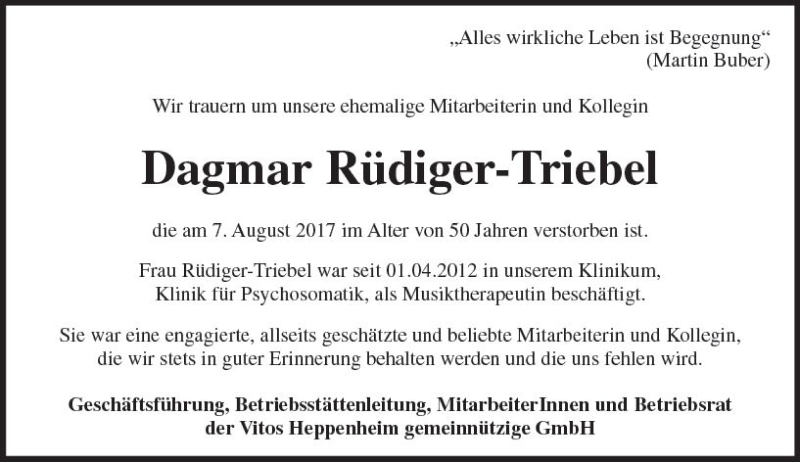  Traueranzeige für Dagmar Rüdiger-Triebel vom 19.08.2017 aus Trauerportal Echo Online