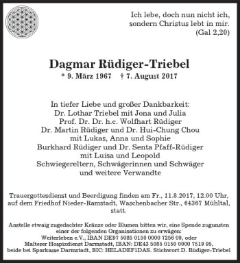 Traueranzeige von Dagmar Rüdiger-Triebel von Trauerportal Rhein Main Presse