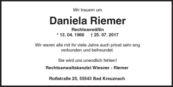 Traueranzeige von Daniela Riemer von Trauerportal Rhein Main Presse