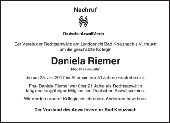 Traueranzeige von Daniela Riemer von Trauerportal Rhein Main Presse