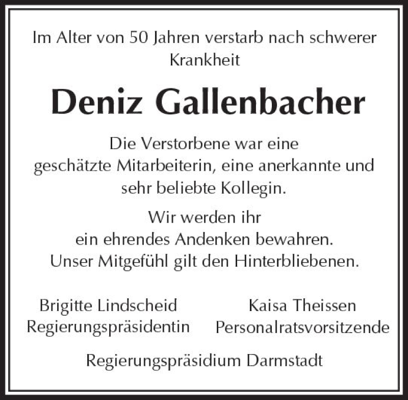  Traueranzeige für Deniz Gallenbacher vom 26.08.2017 aus Trauerportal Echo Online