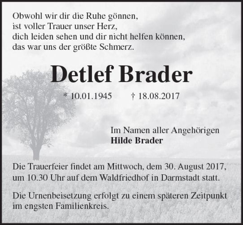  Traueranzeige für Detlef Brader vom 26.08.2017 aus Trauerportal Echo Online