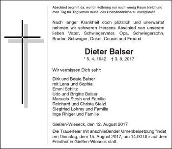 Traueranzeige von Dieter Baiser von  Gießener Anzeiger