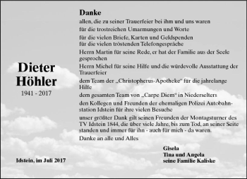 Traueranzeige von Dieter Höhler von Trauerportal Rhein Main Presse