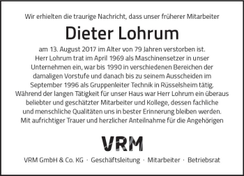 Traueranzeige von Dieter Lohrum von Trauerportal Rhein Main Presse