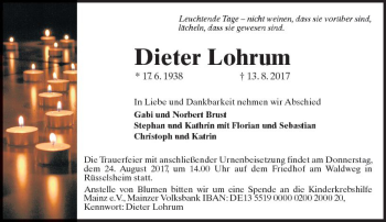 Traueranzeige von Dieter Lohrum von Trauerportal Rhein Main Presse