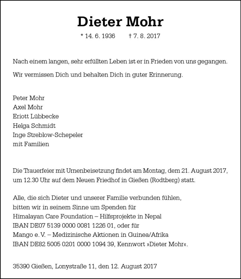  Traueranzeige für Dieter Mohr vom 12.08.2017 aus  Gießener Anzeiger