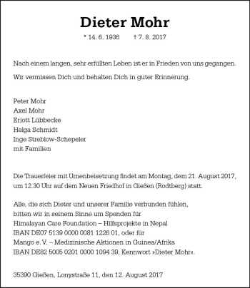 Traueranzeige von Dieter Mohr von  Gießener Anzeiger