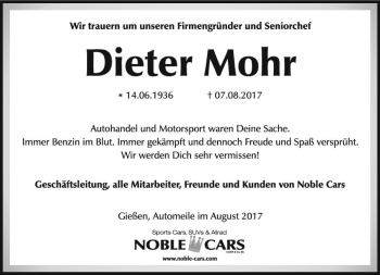 Traueranzeige von Dieter Mohr von  Gießener Anzeiger