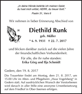 Traueranzeige von Diethild Runk von  Kreisanzeiger