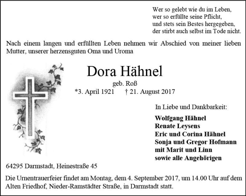  Traueranzeige für Dora Hähnel vom 26.08.2017 aus Trauerportal Echo Online