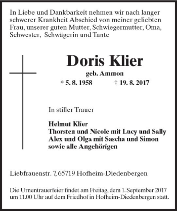 Traueranzeige von Doris Klier von Trauerportal Rhein Main Presse
