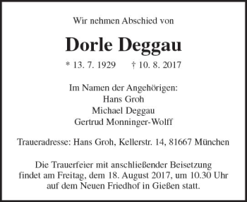 Traueranzeige von Dorle Deggau von  Gießener Anzeiger