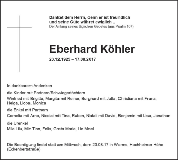 Traueranzeige von Eberhard Köhler von Trauerportal Rhein Main Presse