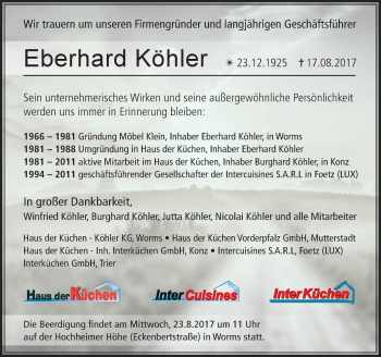 Traueranzeige von Eberhard Köhler von Trauerportal Rhein Main Presse