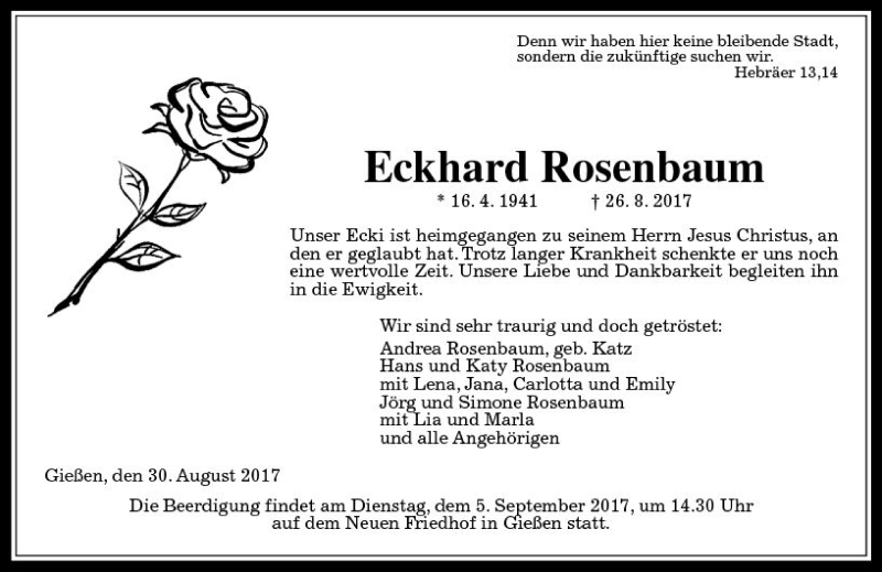  Traueranzeige für Eckhard Rosenbaum vom 30.08.2017 aus  Gießener Anzeiger
