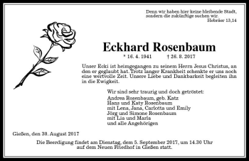 Traueranzeige von Eckhard Rosenbaum von  Gießener Anzeiger
