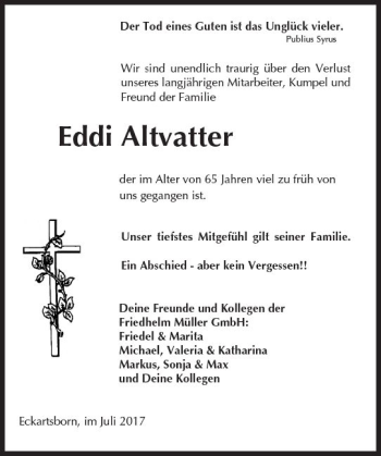 Traueranzeige von Eddi Altvatter von  Kreisanzeiger