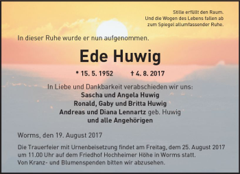 Traueranzeige von Ede Huwig von Trauerportal Rhein Main Presse