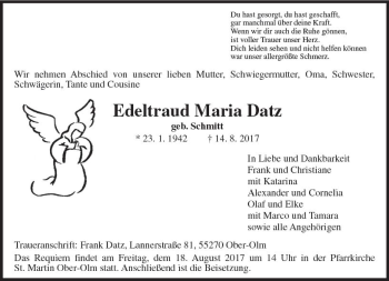 Traueranzeige von Edeltraucl Maria Datz von Trauerportal Rhein Main Presse