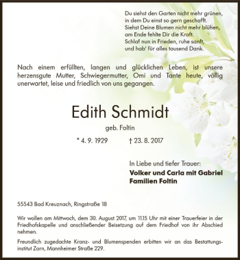 Traueranzeige von Edith Schmidt von Trauerportal Rhein Main Presse