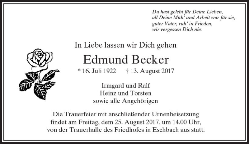  Traueranzeige für Edmund Becker vom 19.08.2017 aus  Usinger Anzeiger