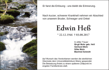 Traueranzeige von Edwin Heß von Trauerportal Rhein Main Presse