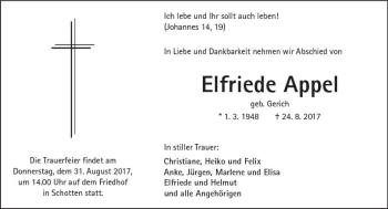 Traueranzeige von Elfriede Appel von  Kreisanzeiger