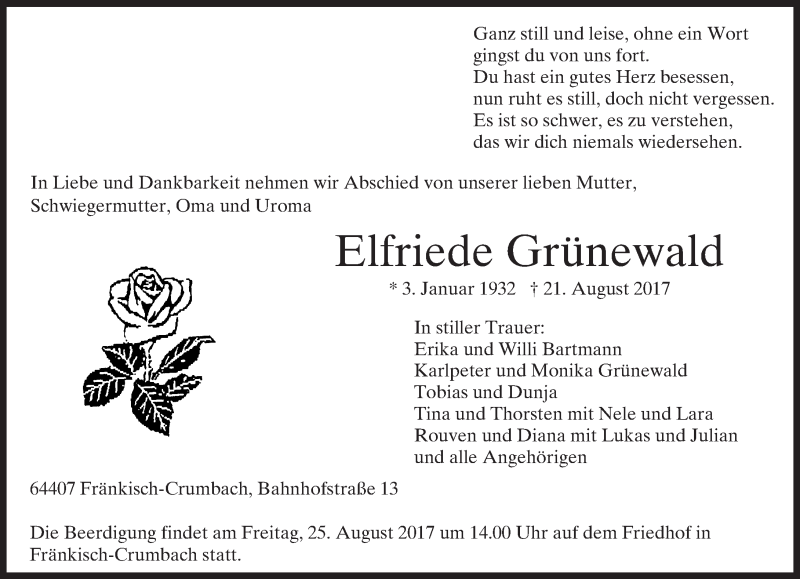  Traueranzeige für Elfriede Grünewald vom 23.08.2017 aus Trauerportal Echo Online