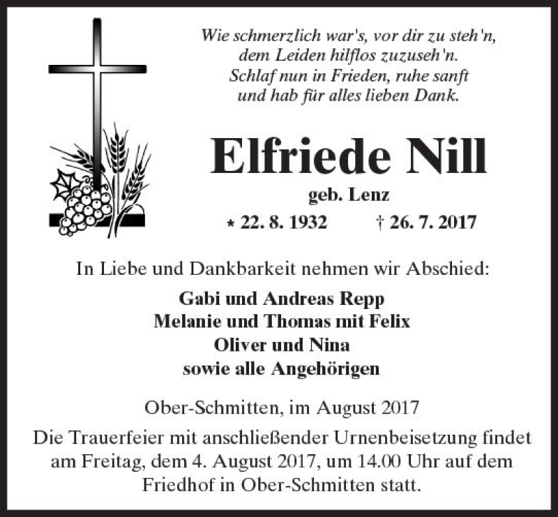  Traueranzeige für Elfriede Nill vom 02.08.2017 aus  Kreisanzeiger