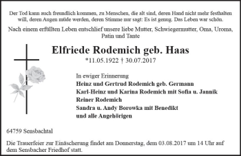 Traueranzeige von Elfriede Rodemich von Trauerportal Echo Online