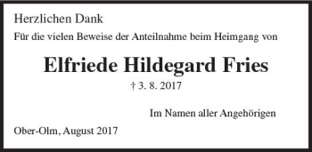 Traueranzeige von Elfriede Hildegard Fries von Trauerportal Rhein Main Presse