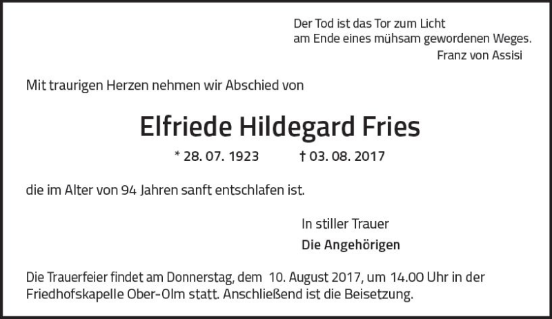  Traueranzeige für Elfriede Hildegard Fries vom 09.08.2017 aus Trauerportal Rhein Main Presse