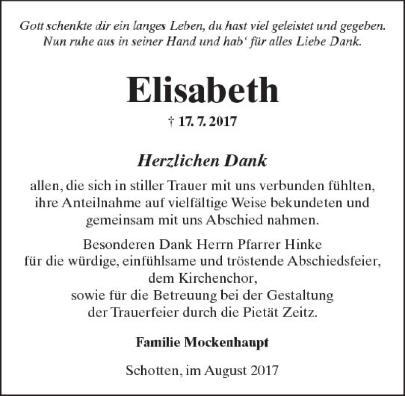  Traueranzeige für Elisabeth  vom 26.08.2017 aus  Kreisanzeiger