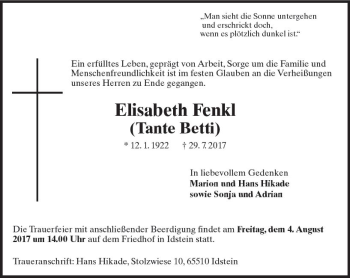 Traueranzeige von Elisabeth Fenkl von Trauerportal Rhein Main Presse
