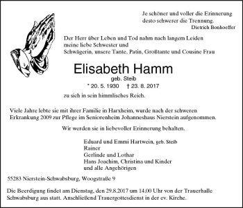 Traueranzeige von Elisabeth Hamm von Trauerportal Rhein Main Presse