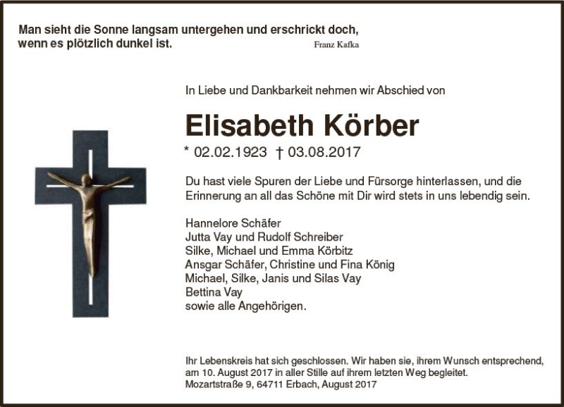  Traueranzeige für Elisabeth Körber vom 12.08.2017 aus Trauerportal Echo Online