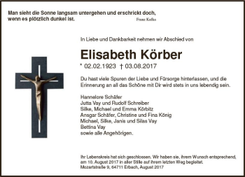 Traueranzeige von Elisabeth Körber von Trauerportal Echo Online