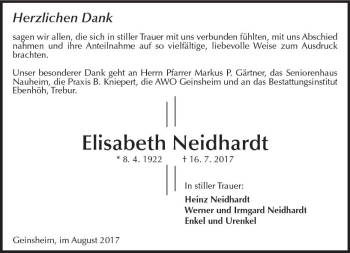 Traueranzeige von Elisabeth Neidhardt von Trauerportal Echo Online