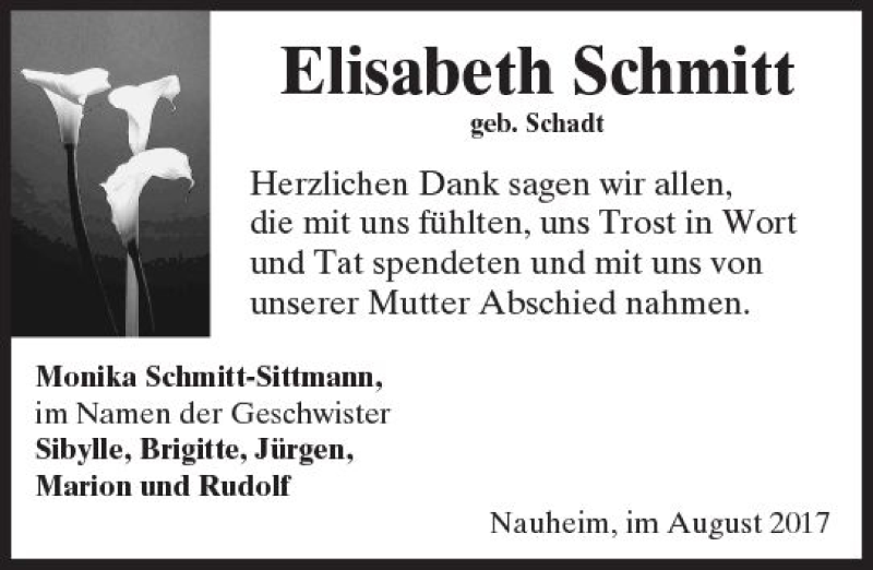  Traueranzeige für Elisabeth Schmitt vom 19.08.2017 aus Trauerportal Rhein Main Presse