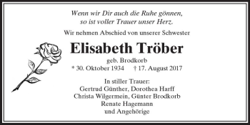Traueranzeige von Elisabeth Tröber von  Usinger Anzeiger