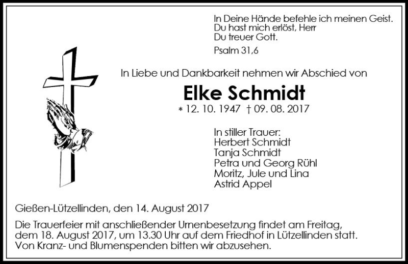  Traueranzeige für Elke Schmidt vom 14.08.2017 aus  Gießener Anzeiger
