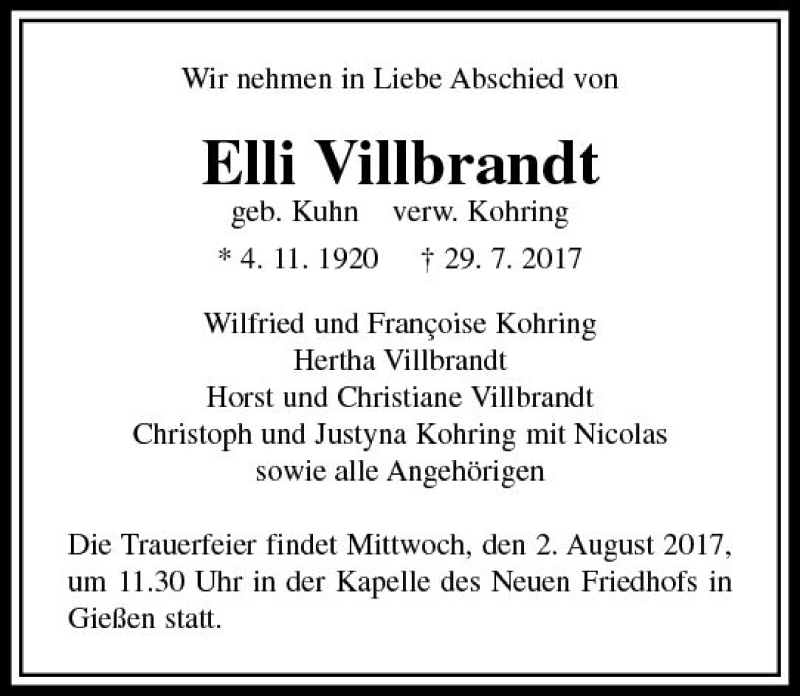  Traueranzeige für Elli Villbrandt vom 01.08.2017 aus  Gießener Anzeiger
