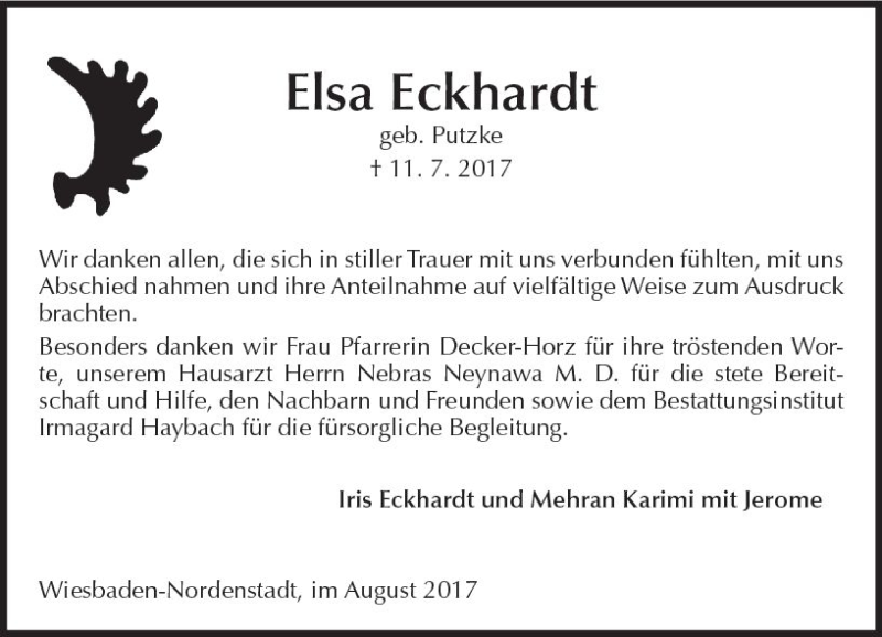  Traueranzeige für Elsa Eckhardt vom 12.08.2017 aus Trauerportal Rhein Main Presse