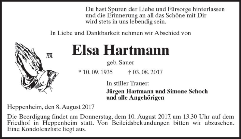  Traueranzeige für Elsa Hartmann vom 08.08.2017 aus Trauerportal Echo Online