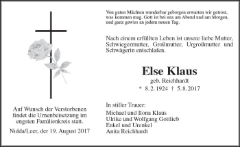Traueranzeige von Else Klaus von  Gießener Anzeiger