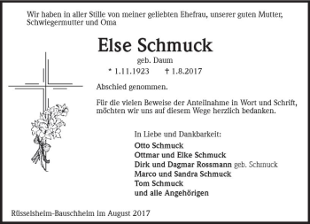 Traueranzeige von Else Schmuck von Trauerportal Rhein Main Presse