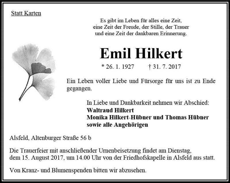  Traueranzeige für Emil Hilkert vom 12.08.2017 aus VRM Trauer