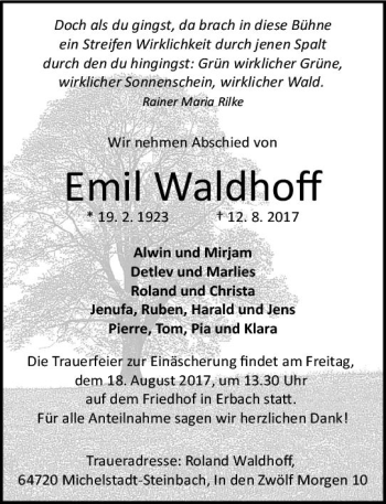 Traueranzeige von Emil Waldhoff von Trauerportal Echo Online